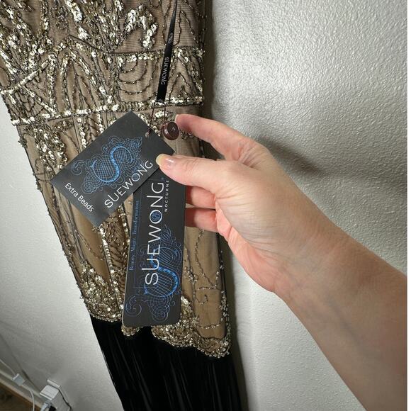 NWT Sue Wong Beaded Gold Mesh Top Black Fringe Bottom Evening Dress 8 - Picture 6 of 15